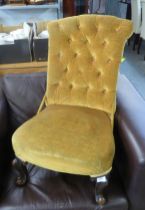 VICTORIAN BUTTON UPHOLSTERED EASY CHAIR ON SHORT SCROLL SUPPORT