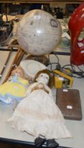 SCANGLOBE TERRESTRIAL GLOBE, MUSICAL PORCELAIN DOLL, ANOTHER DOLL, FOUR WOODEN WALKING STICKS, AND A