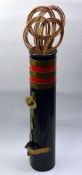 NARROW BOAT CHIMNEY, cylindrical dark blue and red painted metal, with four brass bands and