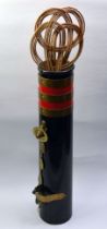 NARROW BOAT CHIMNEY, cylindrical dark blue and red painted metal, with four brass bands and