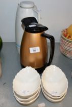 SIX WHITE CHINA AVOCADO DISHES, TWO VACUUM FLASKS