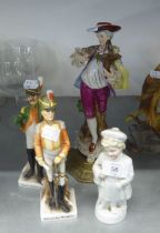 CONTINENTAL PORCELAIN FIGURE OF COURTIER ON BRASS BASE, PAIR OF FIGURES OF SOLDIERS AND ANOTHER