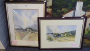A MARGARET IRVING WATERCOLOUR 'COTTAGE' AND A DON PEDEL WATERCOLOUR 'CHURCH AND CORNFIELD' BOTH
