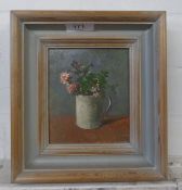 OLWYN SERGEANT OIL PAINTING ON BOARD ‘FLOWERS IN WHITE MUG’ SIGNED WITH INITIALS AND DATED (19)77 5”