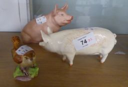 BESWICK CHINA WHITE PIG, ‘C.H. WALL QUEEN’; CONTINENTAL TINTED BISQUE MODEL OF A SEATED PIG AND A