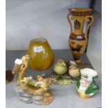 TWO BISQUE PORCELAIN BIRD GROUPS (ONE A.F.), GREEK POTTERY VASE, TOBY JUG AND AN AMBER GLASS