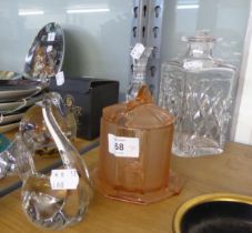 TWO SELKIRK MODERN GLASS PAPERWEIGHTS; TWO GLASS SWANS; ART DECO STYLE JAR AND COVER; DECANTER AND