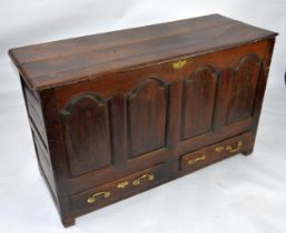 18th CENTURY OAK DOWER CHEST with lift-up top, four panel front, two short drawers below with