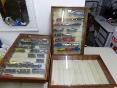 DIE CAST VEHICLES; THREE SMALL WALL MOUNTED DISPLAY CABINETS WITH 24 ASSORTED DIE CAST VEHICLES,