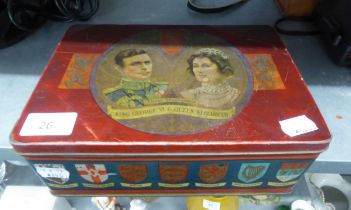 GEORGE VI AND QUEEN ELIZABETH CORONATION SOUVENIR BISCUIT TIN, CONTAINING MAINLY POST-WAR BRITISH
