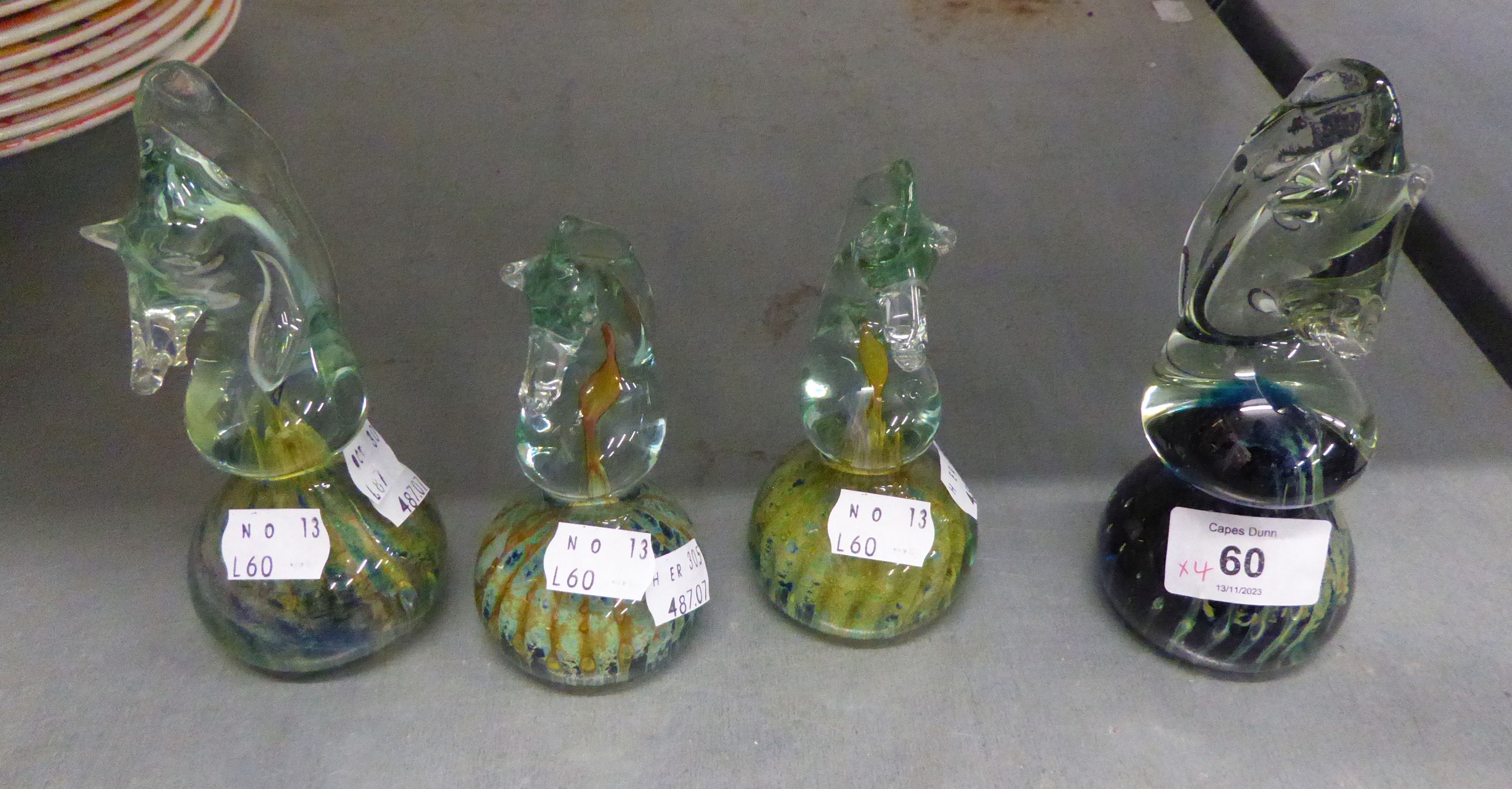 FOUR MDINA GLASS SEAHORSE PAPERWEIGHTS (4)