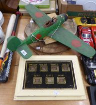 BALSA WOOD SPITFIRE, PLUS A BOWL, BOARD, BUTLER CALL AND PLYWOOD OWL PLAQUE
