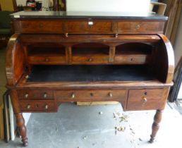 VICTORIAN MAHOGANY DESK, WITH GRANITE TOP AND CYLINDER ROLL OPENING, TO REVEAL DRAWERS AND PIGEON