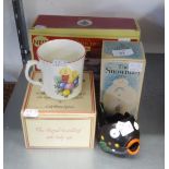 A SPODE CHINA FIVE PIECE CHRISTMAS SET IN ASSOCIATED TIN, ROYAL DOULTON FIGURE 'THE SNOWMAN', BOXED,