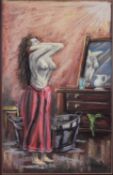 BERNARD McMULLEN (1952-2015) PASTEL Semi naked female bather standing in the bathroom Signed,