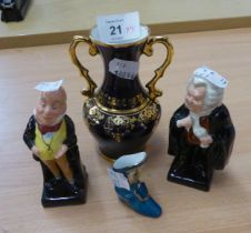 ROYAL DOULTON CHARACTER JUGS,  MR MICAWBER AND BUZZ FUZZ, PLUS TWO PIECES OF LIMOGES (4)