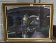 MODERN OIL PAINTING ON BOARD CANAL SCENE BEARING MONOGRAM AND DATE (19) '73 LOWER RIGHT