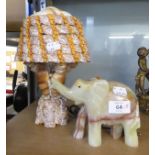 THREE VARIOUS SIZED MIRRORS, A SHELL FORMED ELECTRIC TABLE LAMP AND A HARDSTONE CARVED ELEPHANT (5)