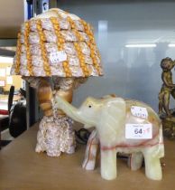 THREE VARIOUS SIZED MIRRORS, A SHELL FORMED ELECTRIC TABLE LAMP AND A HARDSTONE CARVED ELEPHANT (5)