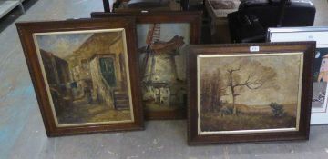 THREE EARLY TWENTIETH CENTURY CONTINENTAL SCHOOL OIL PAINTINGS ON BOARD 'DUTCH WINDMILL' and other