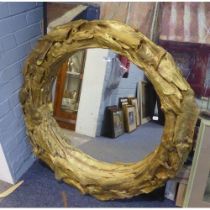 LARGE CIRCULAR  GOLD FRAMED WALL MIRROR, WITH BRANCH DECORATION, 26 1/2" diameter (MIRROR) 36"