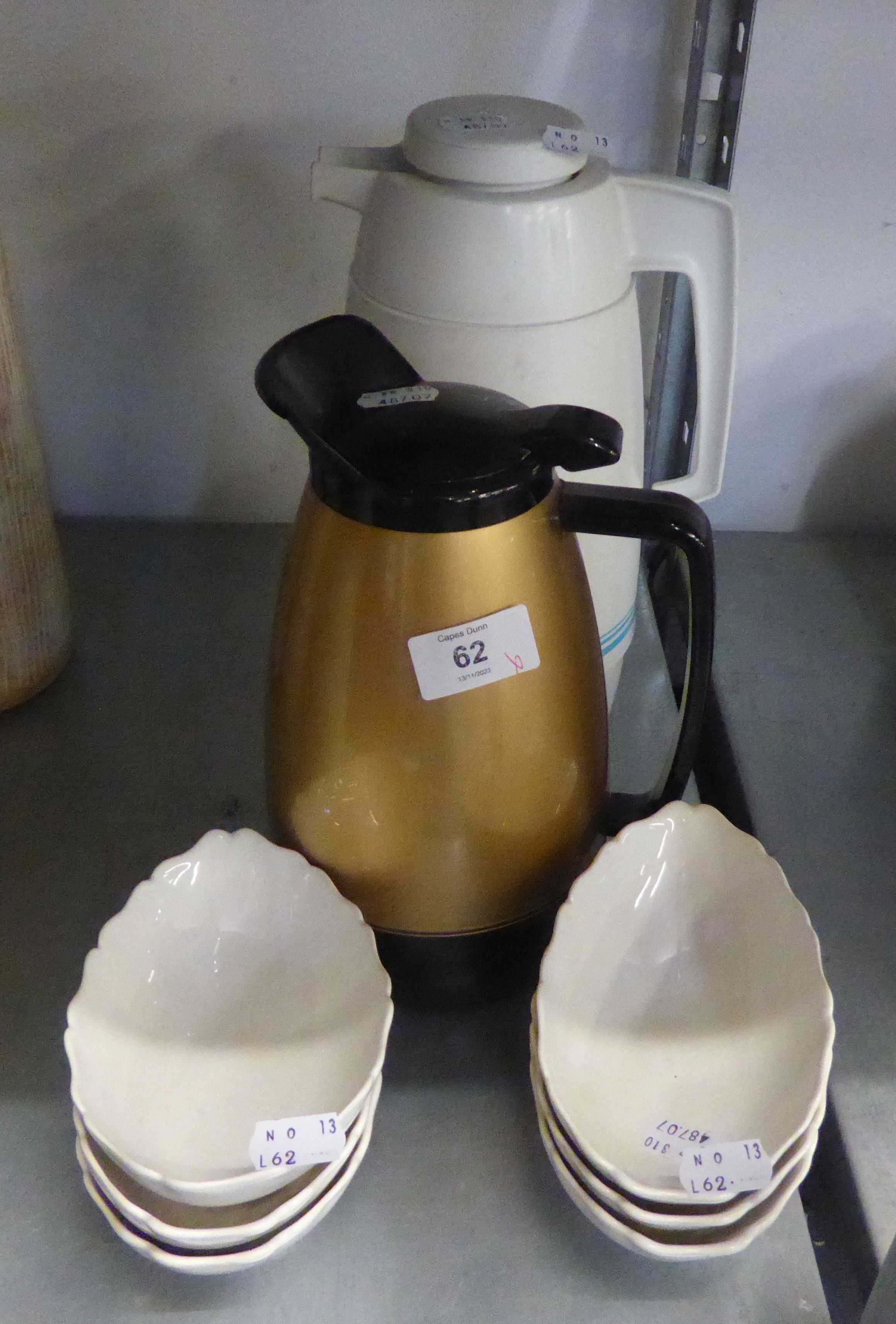 SIX WHITE CHINA AVOCADO DISHES, TWO VACUUM FLASKS