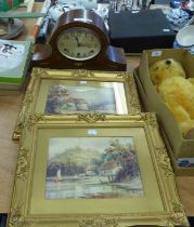 AN EDWARDIAN INLAID MAHOGANY CASED CHIMING MANTEL CLOCK, also a pair of gilt framed COLOUR PRINTS (