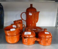 GERMAN DARK RED GLAZED POTTERY COFFEE SERVICE, 15 PIECES (ONE CUP A.F.)