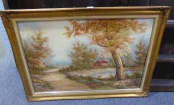 OIL ON CANVAS COUNTRY SCENE WITH HOUSE BY A LAKE AND PATH SIGNED MITCHELL 35 1/2" X 24" ( 90.2cm x