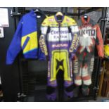 'SCOTT' SUZUKI MOTORBIKE LEATHERS IN PURPLE AND YELLOW, SIZE 40; A SUZUKI JACKET IN PURPLE AND