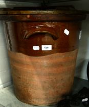 LARGE EDWARDIAN CERAMIC BREAD CROCK WITH PLANKED WOODEN LID