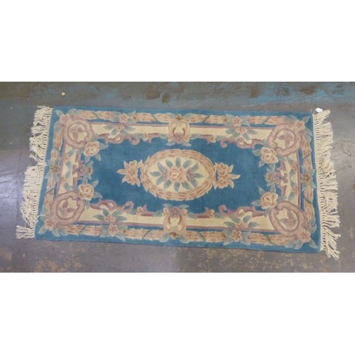OCTAGONAL CHINESE RUG, WITH DRAGON PATTERN AND  A SMALLER RECTANGULAR BLUE RUG WITH ROSE PATTERN - Image 2 of 2