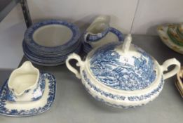 MYOTT BLUE AND WHITE POTTERY 'THE HUNTER' PATTERN LARGE CIRCULAR TWO HANDLED SOUP TUREEN AND COVER