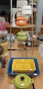 KITCHEN WARES TO INCLUDE; TWO SMALL LE CREUSET POTS AND COVERS; A KUHN RIKON SMALL GREEN OVEN DISH