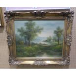 G.W. OIL ON CANVAS LAKE AND STREAM FRAMED, 10 1/2" X 15 1/2" (49.5cm x 39.4cm)