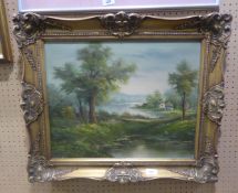 G.W. OIL ON CANVAS LAKE AND STREAM FRAMED, 10 1/2" X 15 1/2" (49.5cm x 39.4cm)