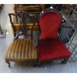 A VICTORIAN AESTHETICS SPOON BACK NURSING CHAIR, COVERED IN RED FABRIC AND ANOTHER NURSING CHAIR