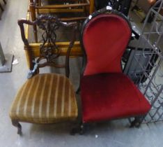 A VICTORIAN AESTHETICS SPOON BACK NURSING CHAIR, COVERED IN RED FABRIC AND ANOTHER NURSING CHAIR