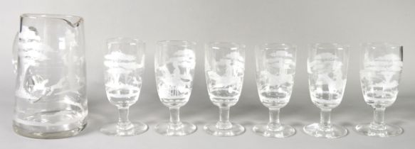 EARLY TWENTIETH CENTURY GLASS LEMONADE SET of JUG and SIX STEM GLASSES, each wheel engraved with FOX