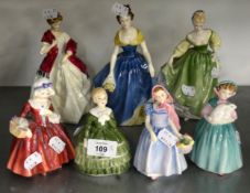 THREE LARGE ROYAL DOULTON FIGURES; 'FIRST DANCE', 'FAIR LADY' AND 'MELANIE', AND FOUR SMALL ROYAL