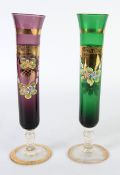 PAIR OF ITALIAN COLOURED GLASS TALL, SLENDER SPECIMEN VASES, gilt decorated and applied with ceramic