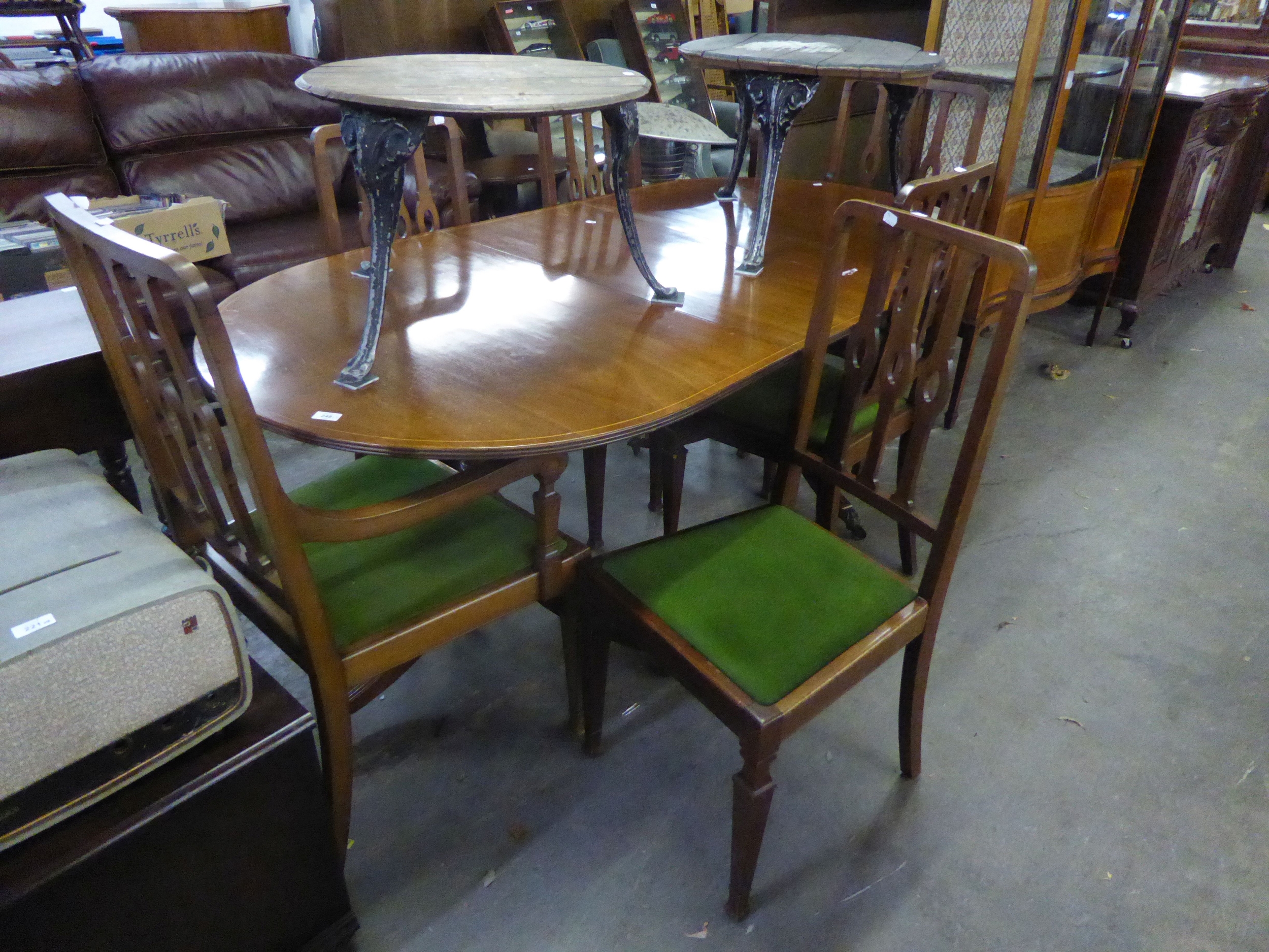 REPRODUCTION GEORGE III STYLE TWIN PILLAR DINING TABLE, WITH SPARE LEAF, PLUS SIX SIMILAR PERIOD