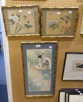 THREE DECORATIVE CHINESE PRINTS IN GILT BAMBOO EFFECT FRAMES [3]