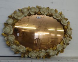 GILT WOOD MIRROR WITH CARVED WHITE PAINTED BLOOMS