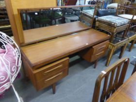 G-PLAN MID-CENTURY TEAK LONG, LOW KNEEHOLE DRESSING TABLE, WITH FULL WIDTH MIRROR; THE