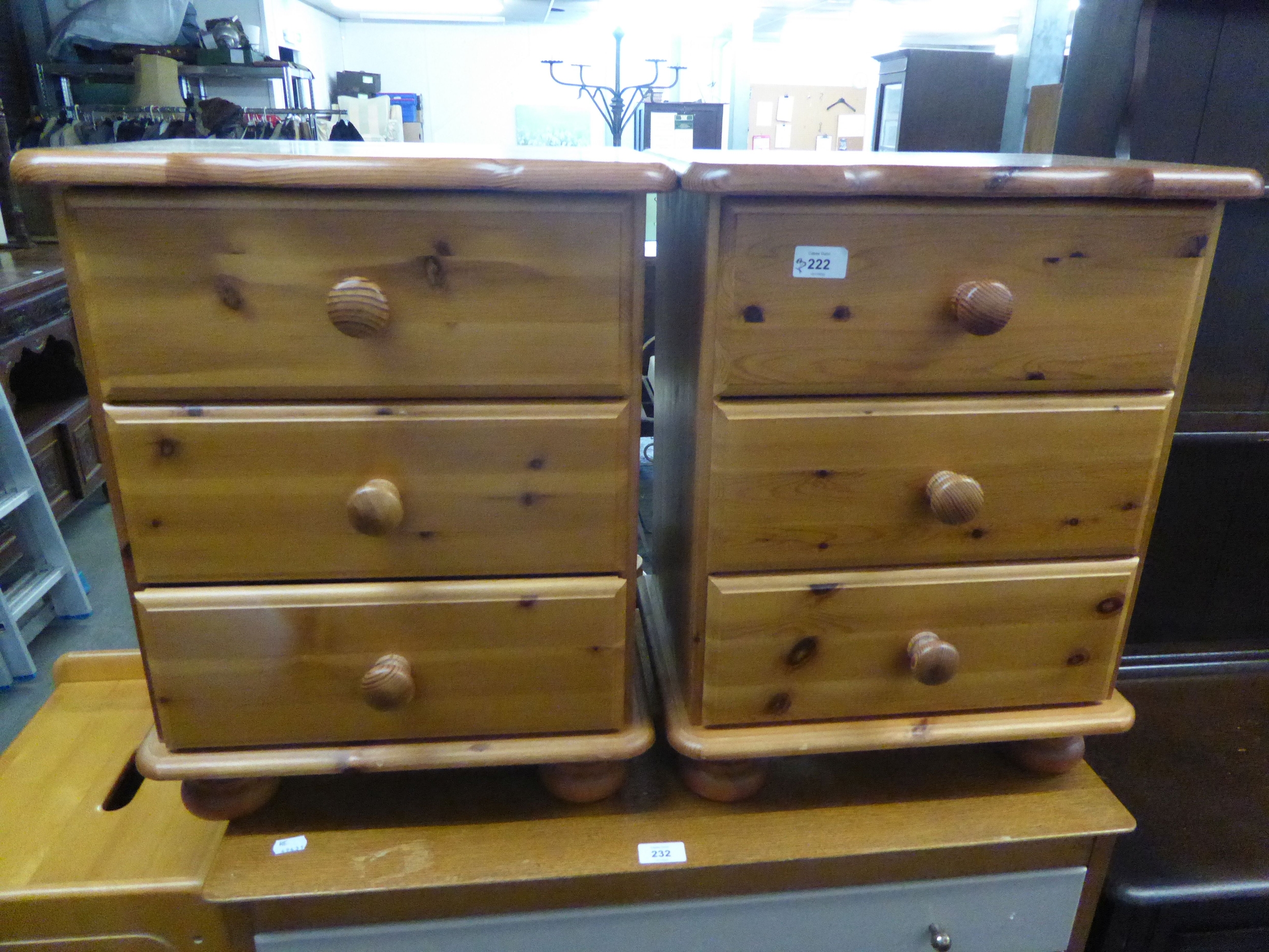 PAIR OF THREE-DRAWER BEDSIDE CABINETS AND BEECH BOX [3]