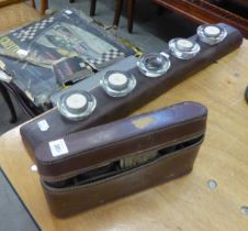 VINTAGE MEN'S HAIR AND SHAVING SET IN LEATHER CASE AND A WOODEN 'S' HOLED WOODEN CANDLE HOLDER