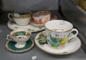 VICTORIAN CHINA MOUSTACHE CUP AND SAUCER, HAND PAINTED WITH FLOWERS; GRIMWADES POTTERY EDWARDIAN