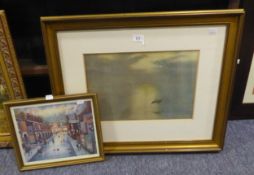 A REPRODUCTION COLOUR PRINT OF A HERON IN FLIGHT AND A SMALL BERNARD McMALLEY ARTIST SIGNED COLOUR