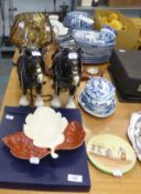 PAIR OF BESWICK TYPE HARNESSED POTTERY SHIRE HORSES, ALSO A BOXES ROYAL  WORCESTER PLATE, a modern